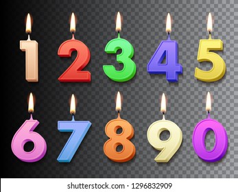 Different color birthday candles with burning flames isolated on dark transparent background. Vector design elements