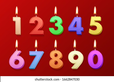 Different color birthday candles with burning flames isolated on red background. Vector design elements