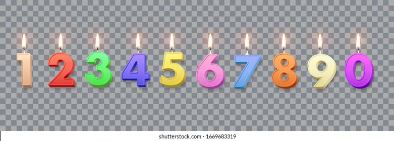 Different color birthday candles with burning flames isolated on transparent background. Vector design elements