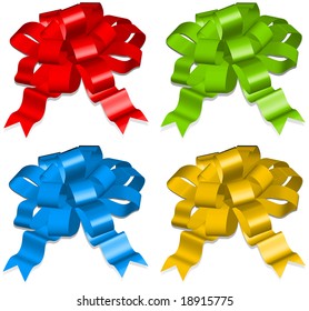 Different color bows on white background, gift tape, isolated object, vector illustration