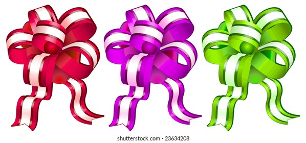 Different color bows on white background, gift tape, isolated object, vector illustration