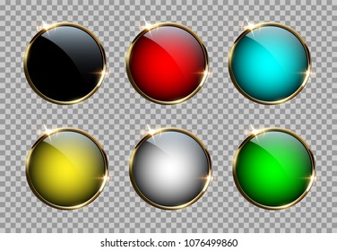 Different color buttons with golden rings isolated on transparent background. Vector design element set.