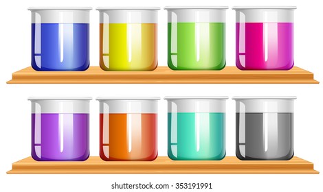 Different color chemical in beakers illustration