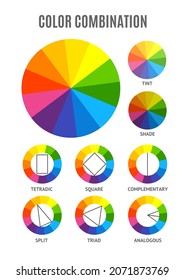 Conjunto de combinaciones de paleta de círculo de color diferente aislado en un fondo blanco de fondo de corte tetradic y cuadrado. Ilustración del vector