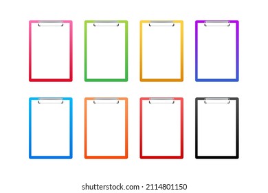 Different color clipboard set with blank white sheet. Vector stock illustration.