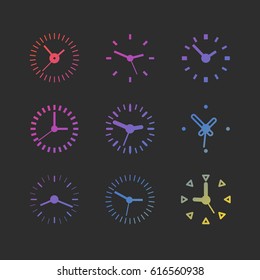 Different color clocks collection. Vector set