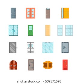 Different Color Closed and Open Front Doors to Building Set Ready for Your Business. Vector illustration