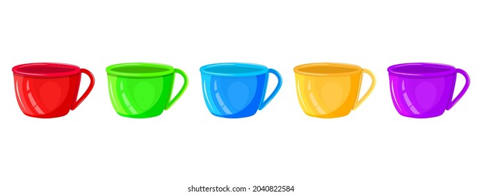 Different color cups set isolated on white background. Ceramic or porcelain colorful mugs. Tea or coffee bright cups with handle. Side view. Dish icons. For label, tag, sign. Stock vector illustration