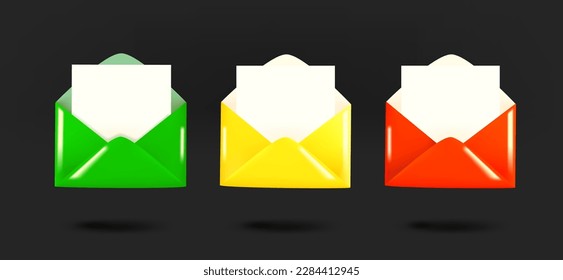 Different color envelopes icons collection. 3d vector isolated on black background