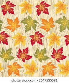 Different color Fall Leaves Seamless Pattern with Wood Texture Background- Autumn Leaves Vector Illustration 