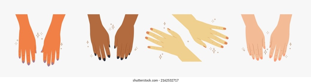 Different color female hands with manicure. Vector flat design. Four pairs of women hands showing up colored nails. 