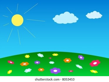 different color flower spring meadow background blow sky sun