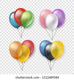 Different color flying balloon groups. Vector clipart isolated on transparent background