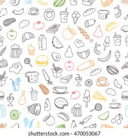Different color food doodles seamless background. Lineart hand-drawn elements 