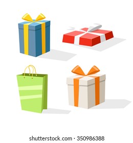 Cajas de regalo de diferentes colores aisladas en blanco. Elementos de diseño