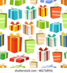 Different color gift boxes seamless pattern. Vector design elements