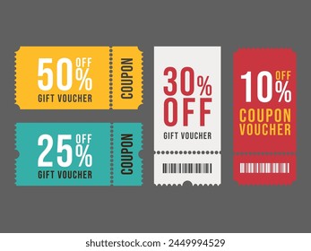 Different Color Gift Voucher Coupon Set. Vector illustration of Vouchers Coupons