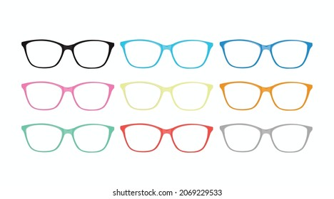 Different Color Glasses Frames. Vector isolated set of glasses icons