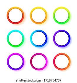 Different color gradient round frames. Vector set of rings neon gradient. Vector illustration isolated on white background.