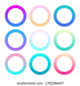 Different color gradient round frames. Vector set of rings neon gradient. Vector illustration isolated on white background.