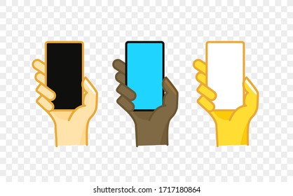 Different color hand gesture comic style vector icon. Smartphone in a hand