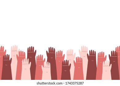 Different color hand palms in the air on white background. Charity, crowd, community, teamwork concept. Flat vector illustration in cartoon style.