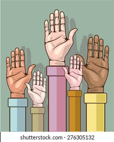 Different color hands lifted up vector
