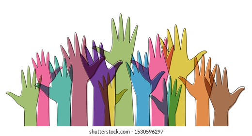Different color hands raised up together
