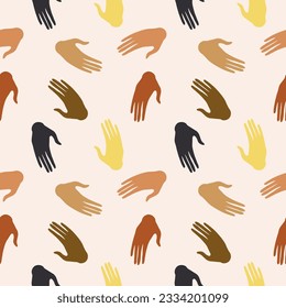 Different color hands seamless pattern background. Vector boho illustration of multinational hands, racial equality different cultures, peoples, harmony of coexistence, community, friendship, party