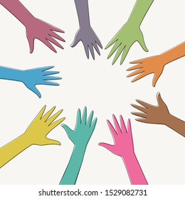 Different color hands together towards the center