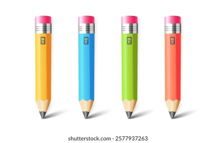 Different color HB graphite pencils with eraser. Realistic vector illustration