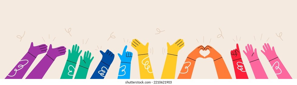 Different color human hands greeting and waving, party, sales concept for advertising. Colorful vector illustration
