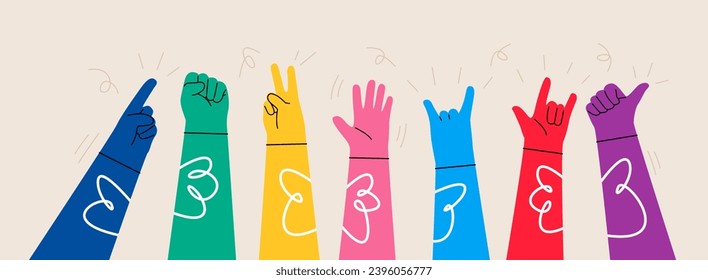 Different color human hands greeting and waving, party, sales concept for advertising. Colorful vector illustration
