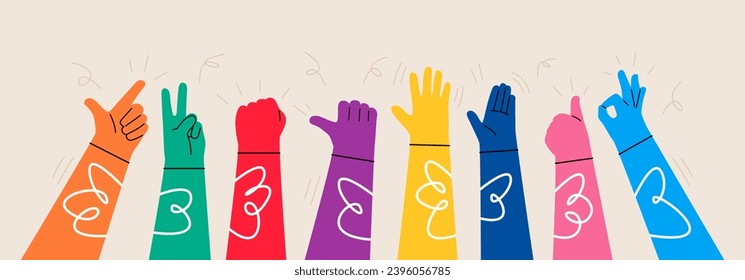 Different color human hands greeting and waving, party, sales concept for advertising. Colorful vector illustration
