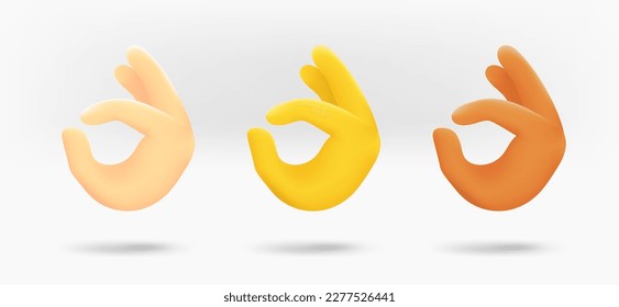 Different color human hands with OK gesture. 3d vector isolated on white background