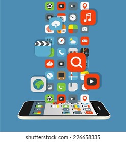 Different color icons flows to a modern smartphone. Design elements
