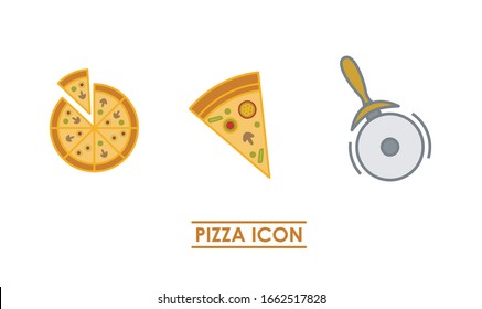 Different color icons of a pizza. Fast food icon. Image of a slice of pizza, a whole pizza and pizza cutter. Line and stroke design.