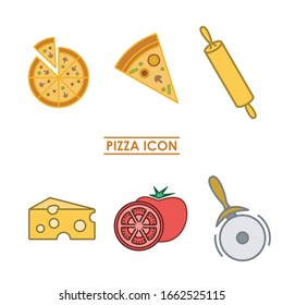 Different color icons of a pizza. Fast food icon. Image of a slice of pizza, a whole pizza, a pizza cutter, a rolling pin, cheese and tomato. Line and stroke design.