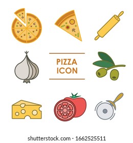 Different color icons of a pizza. Fast food icon. Image of a slice of pizza, a whole pizza, a pizza cutter, a rolling pin, cheese, tomato, olive and onion. Line and stroke design.