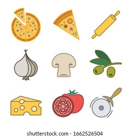Different color icons of a pizza. Fast food icon. Image of a slice of pizza, a whole pizza, a pizza cutter, a rolling pin, cheese, tomato, mushroom, olive oil and onion. Line and stroke design.
