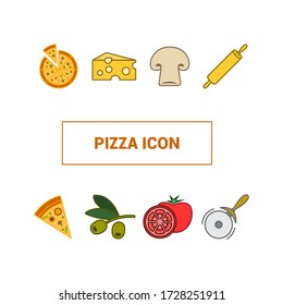 Different color icons of a pizza. Fast food icon. Image of a slice of pizza, a whole pizza, a pizza cutter, a rolling pin, cheese, tomato, mushroom and olive oil. Line and stroke design.