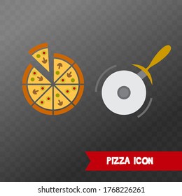 Different color icons of a pizza. Fast food icon. Image of a slice of pizza, a whole pizza and pizza cutter. Line and stroke design.