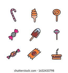 Different color icons of sweets. Handmade and loose stroke icons of ice cream, candy and cakes. Line vector