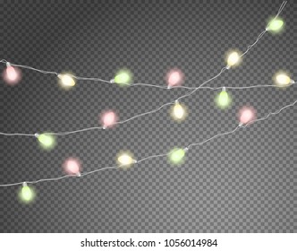 Different color light garlands isolated on transparent background. Layered and detailed illustration
