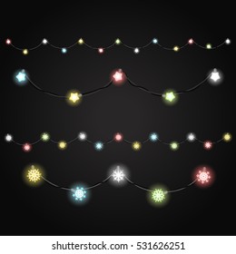 Diferentes colores de iluminación de vectores de garland conjunto sobre fondo oscuro. Luces navideñas colección vectorial. Lámparas de gafas vectoriales