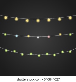 Different color lighting garland vector set on dark background. Christmas lights vector collection. Glowing lamps vect or set