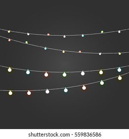 Diferentes colores de iluminación de vectores de garland conjunto sobre fondo oscuro. colección vectorial de luces de Navidad. Luces de cruce