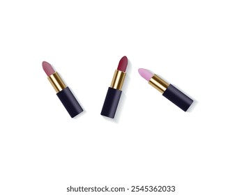 Lápiz labial de diferentes colores para elementos de maquillaje de cosméticos y belleza. Ilustración vectorial de Lipstick. Ilustración vectorial de tonos de lápiz labial de diferentes colores para maquillaje, belleza y diseño cosmético