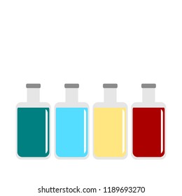 different color liquid in bottles on white background. vector illustration