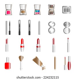 different color makeup items lipstick, eye shadows, mascara, eyeliner, liquid powder